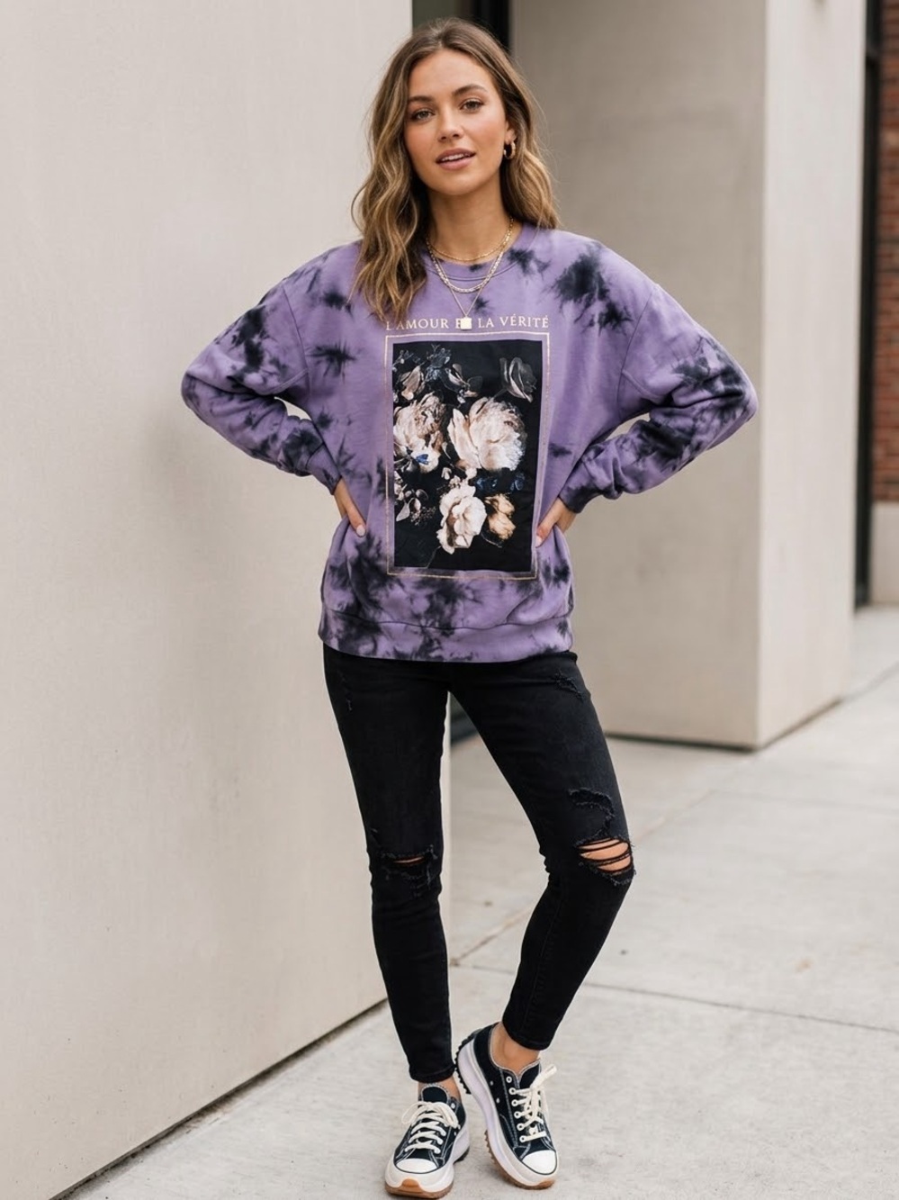 Mighty Fine Purple Tie Dye Floral Graphic Sweatshirt Small Lamour Et La Verite